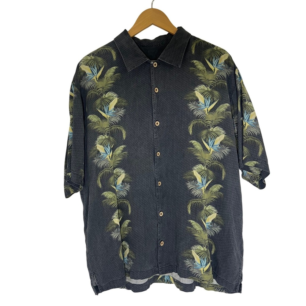 Tommy Bahama Mens XL Silk Shirt Grey Tropical Bird of Paradise Resortwear